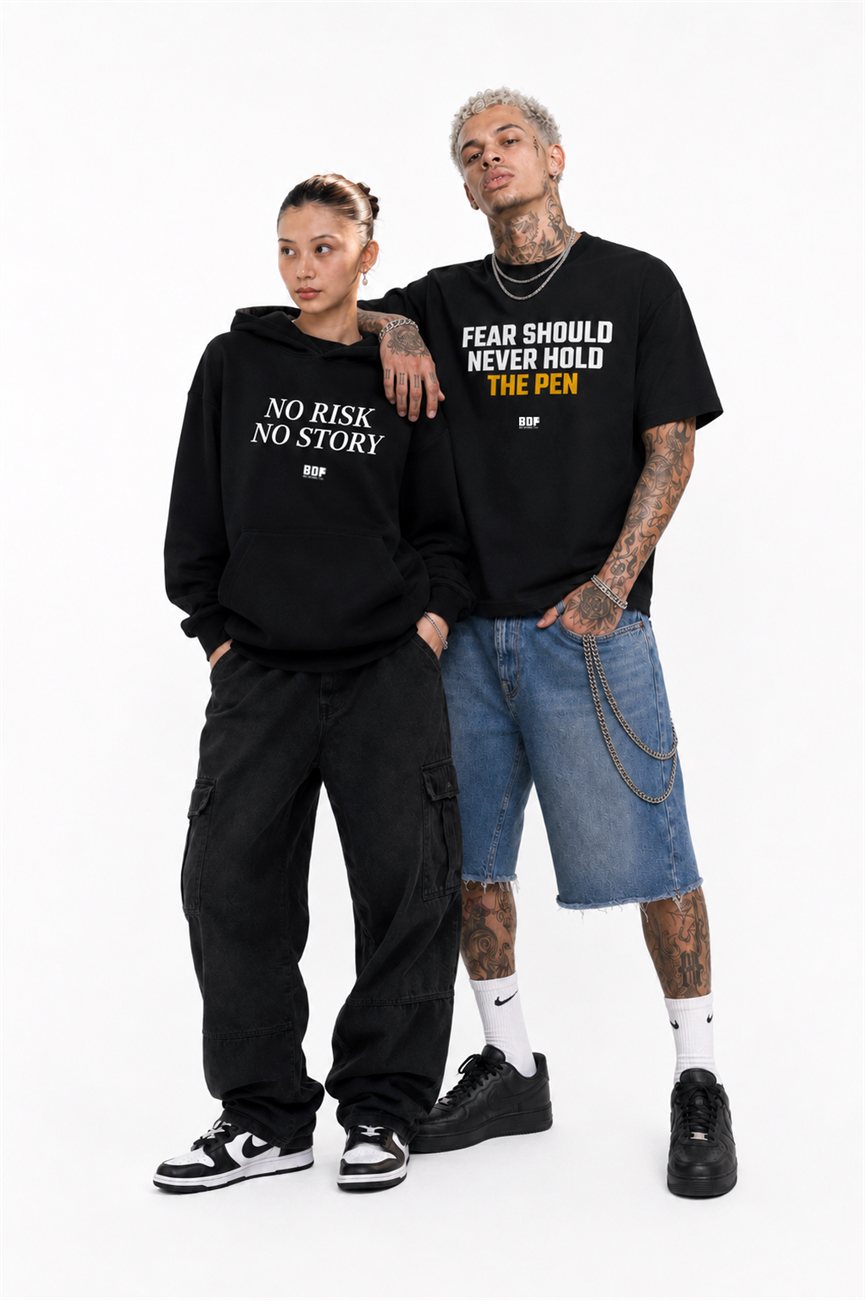 The Built Different, Pare drop — the No Risk No Story hoodie and the Fear Should Never Hold The Pen tee, worn by two models